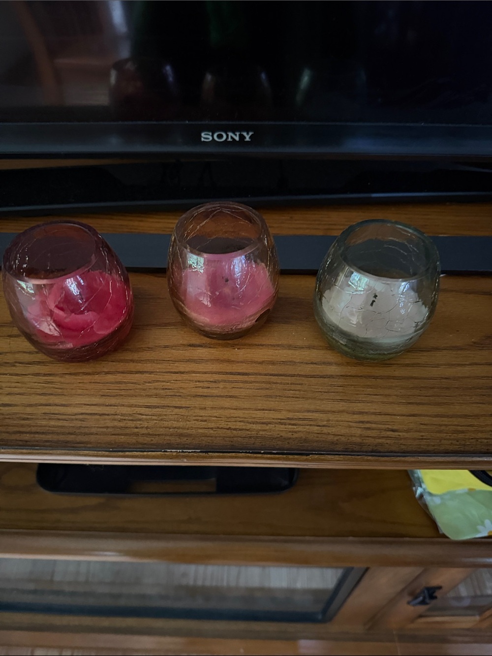 PartyLite Crackle Glass Tea Light Holders in Red, orange& Light Green